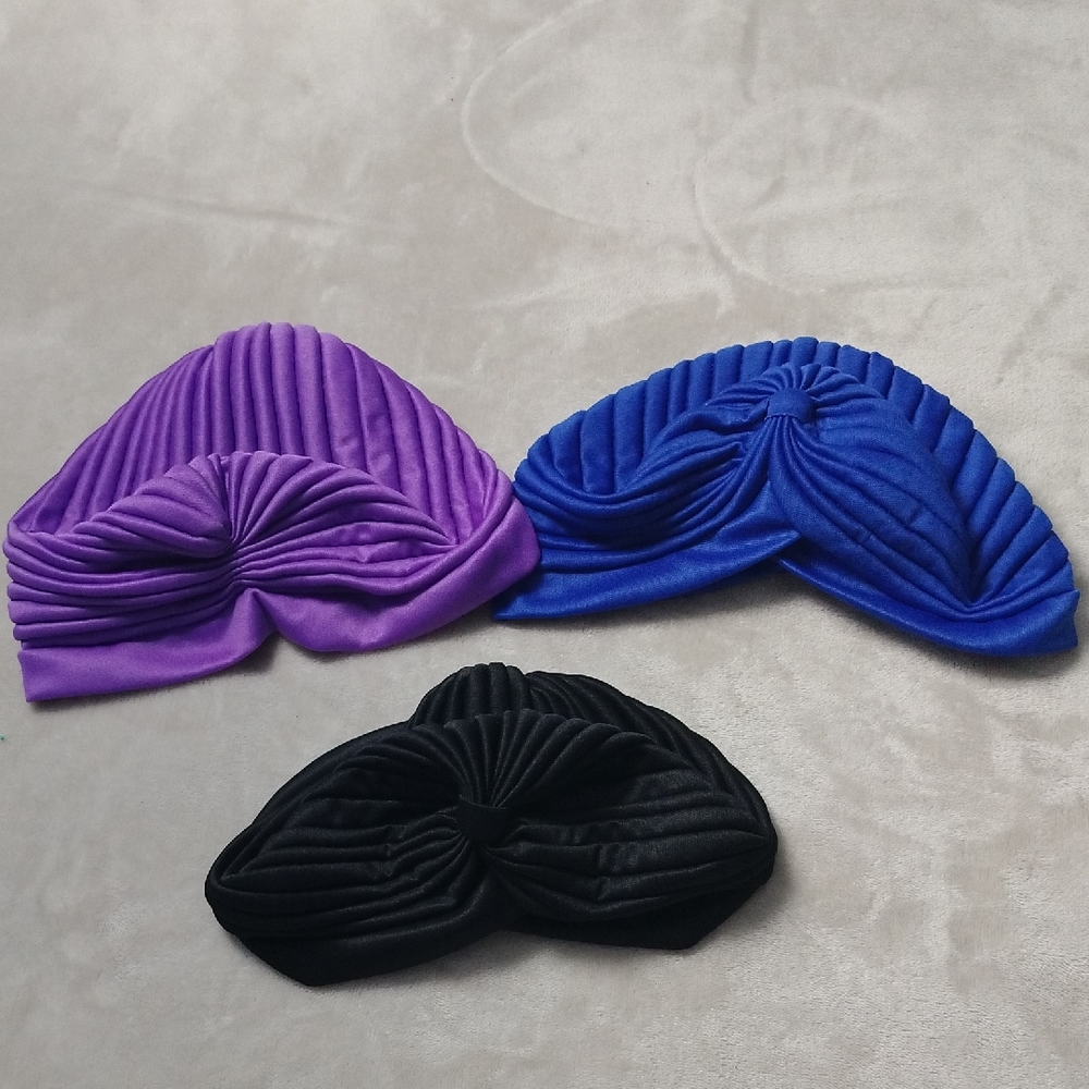 Set of Three Pleated Turbans in Purple, Blue, and Black